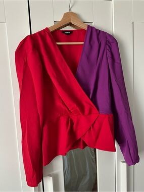 Express Two-Tone Red and Purple Wrap Blouse